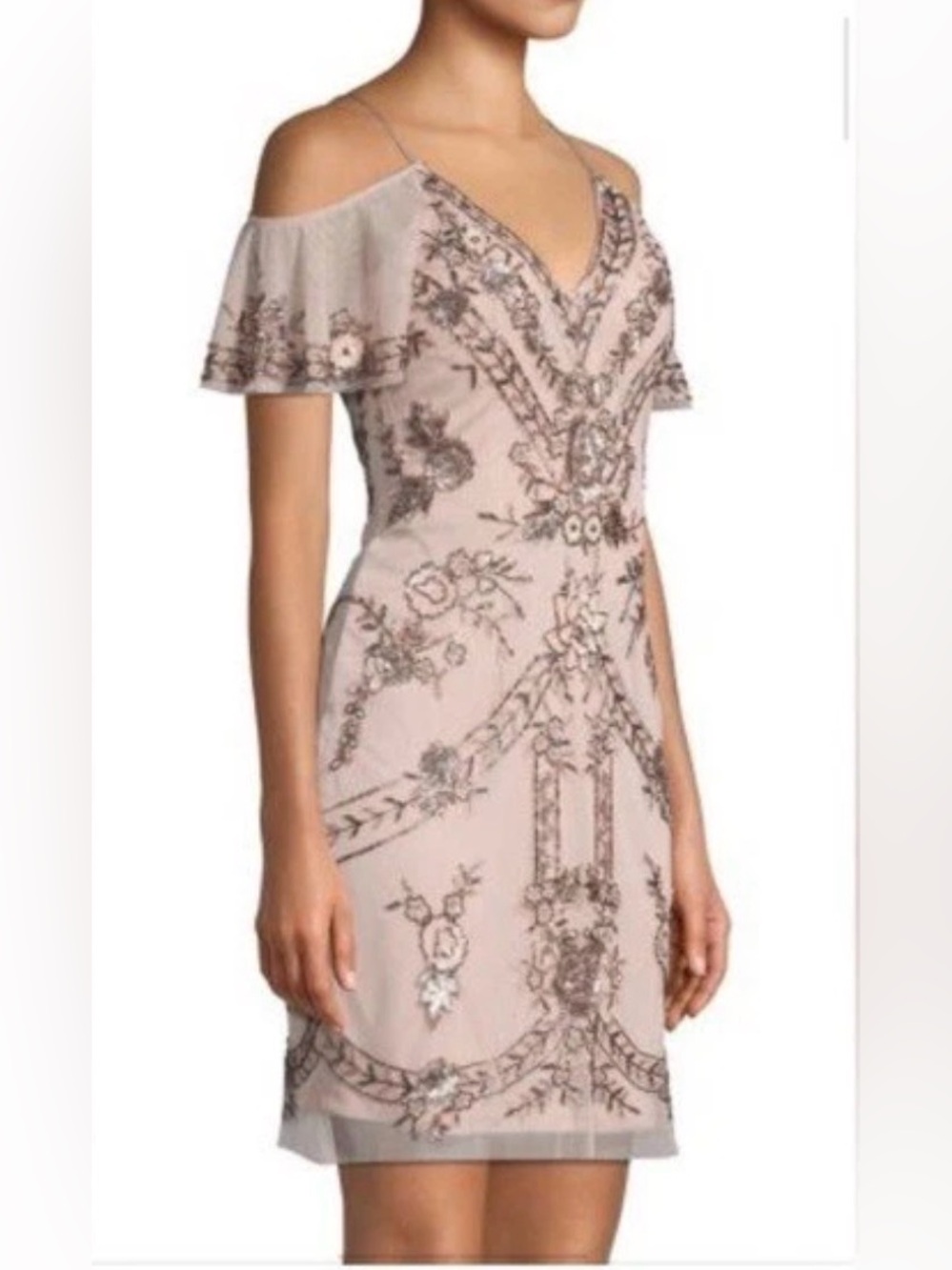Aidan Mattox Dress Beaded Gatsby Cocktail Nude Champagne Floral Sequin Mesh 4 - Picture 3 of 14